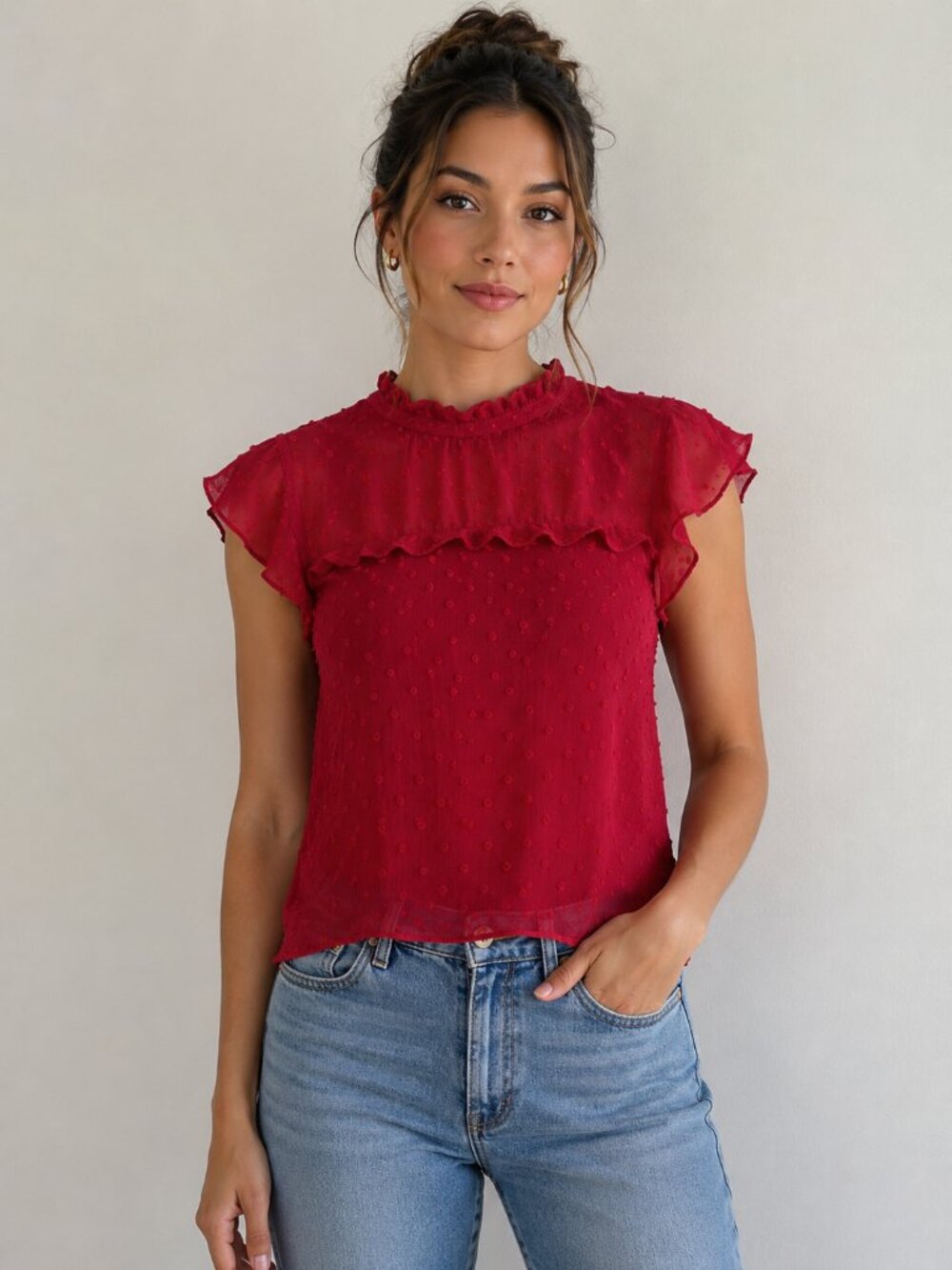 Monteau Los Angeles Red Swiss Dot Ruffle Blouse Women's M Sheer Collar Boho
